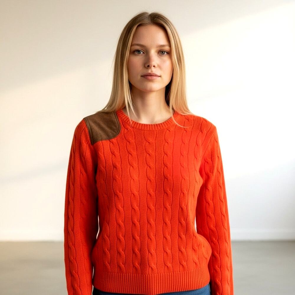 Ralph Lauren Wool Cashmere Cable Knit Sweater M Orange Goat Suede Patch